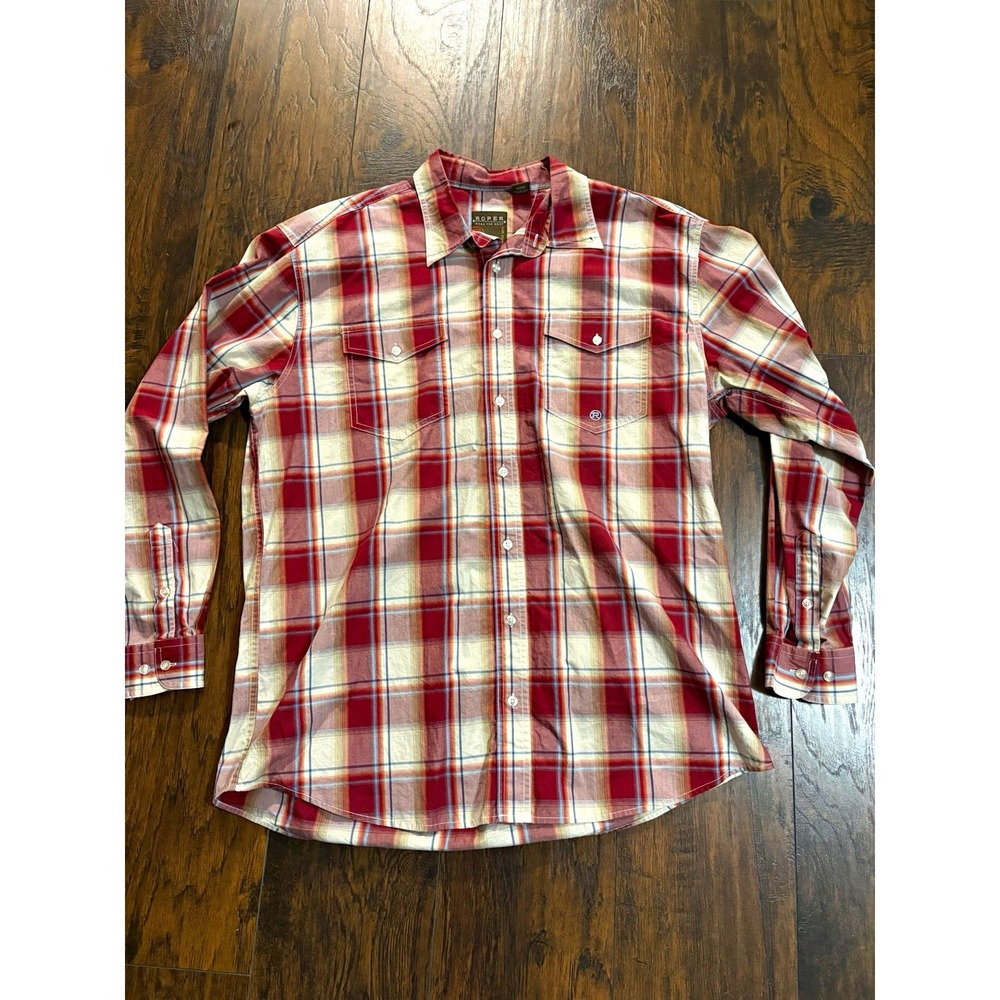 Roper Mens XL Red White Blue Plaid Long Sleeve Button Up Western Shirt Pockets